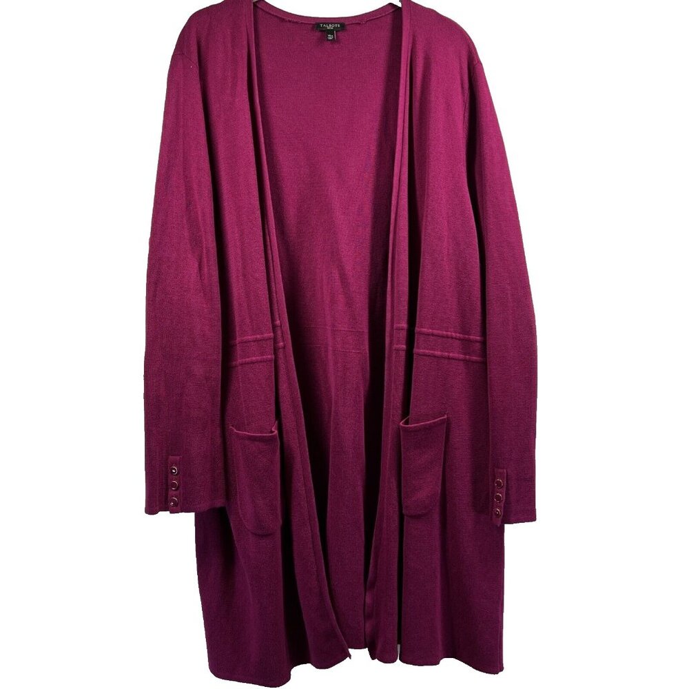 Talbots Women's Long Cardigan Size XL Petite Solid Dark Pink Knit Pockets Open